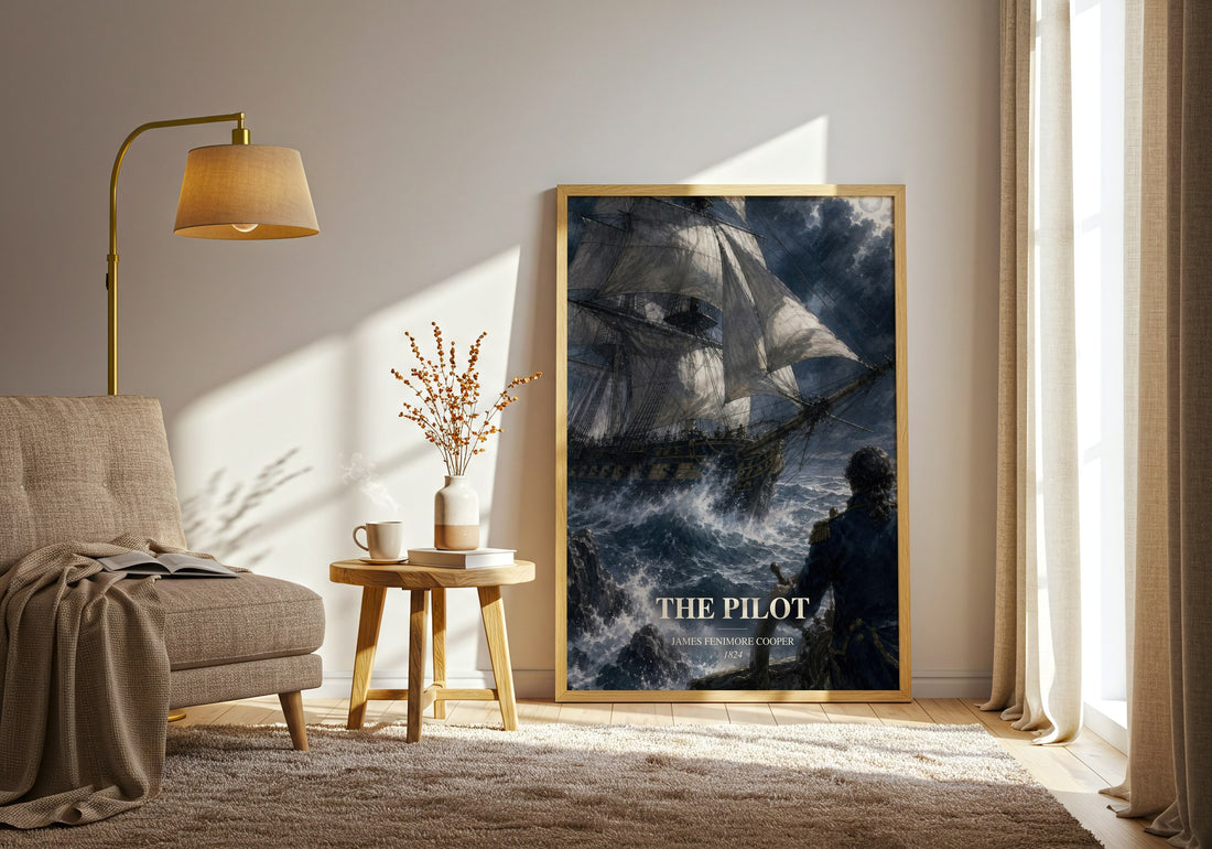 The Pilot watercolour print in frame leaning in hallway – historical fiction wall art (mockup)