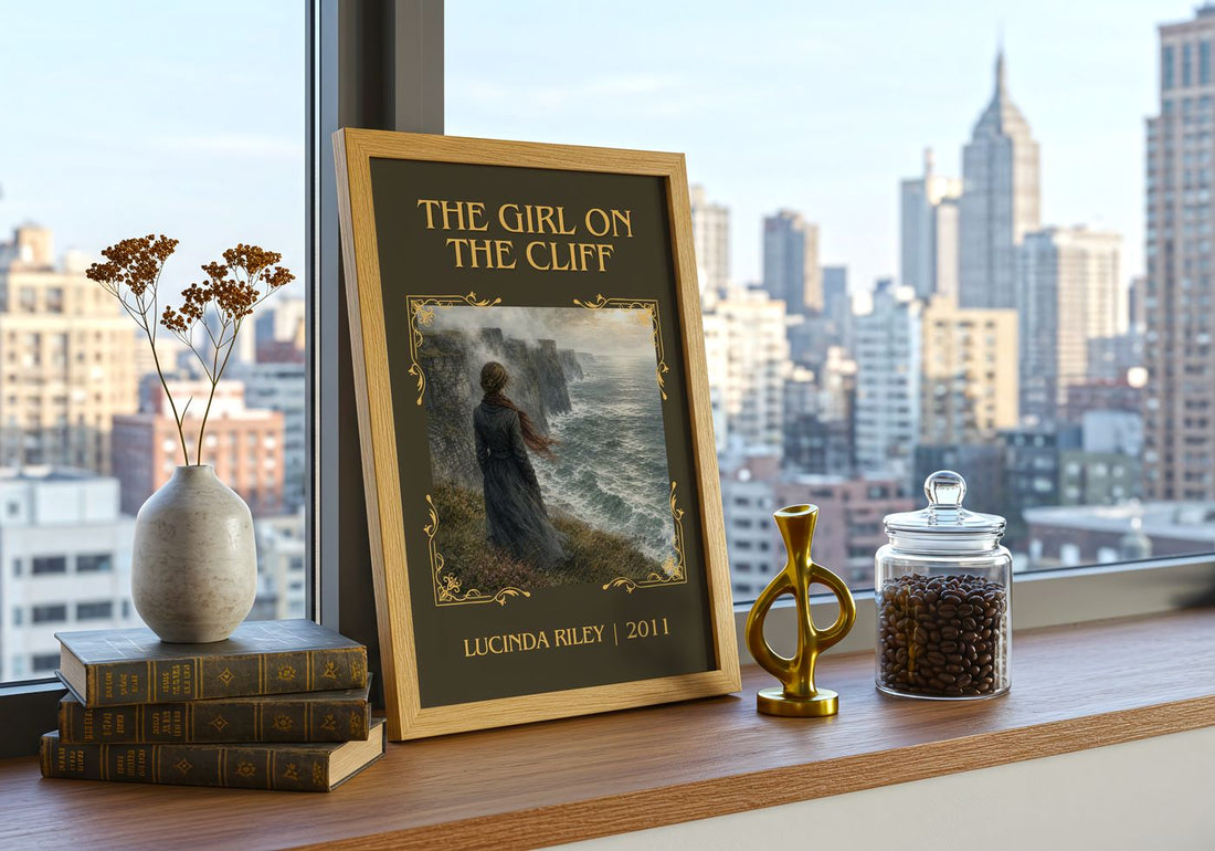 The Girl on the Cliff Classic Book Art Print by Lucinda Riley – framed print on a city-view windowsill