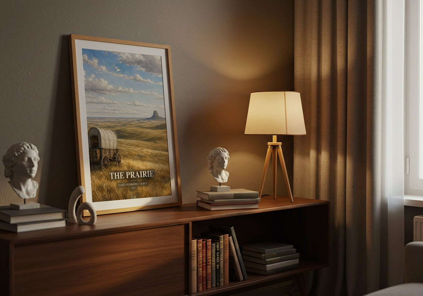 The Prairie watercolour print on bookshelf – James Fenimore Cooper fan gift