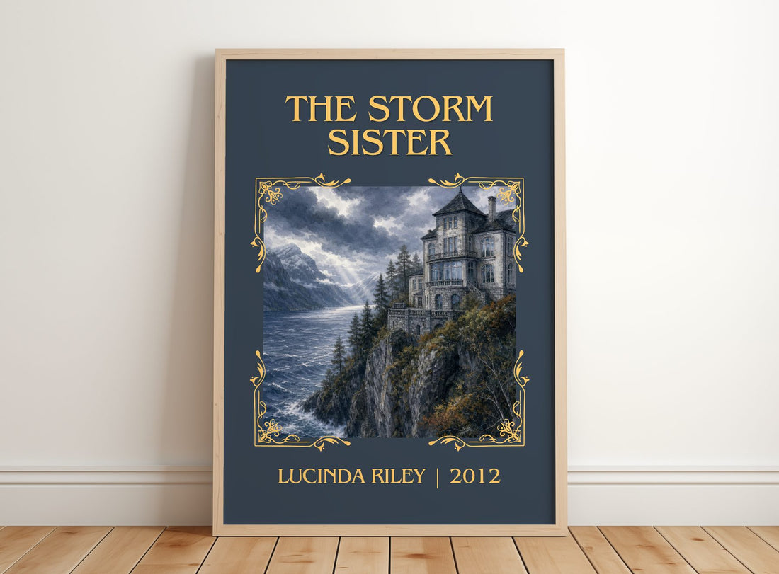 The Storm Sister Classic Book Art Print by Lucinda Riley – framed print leaning on a wooden floor
