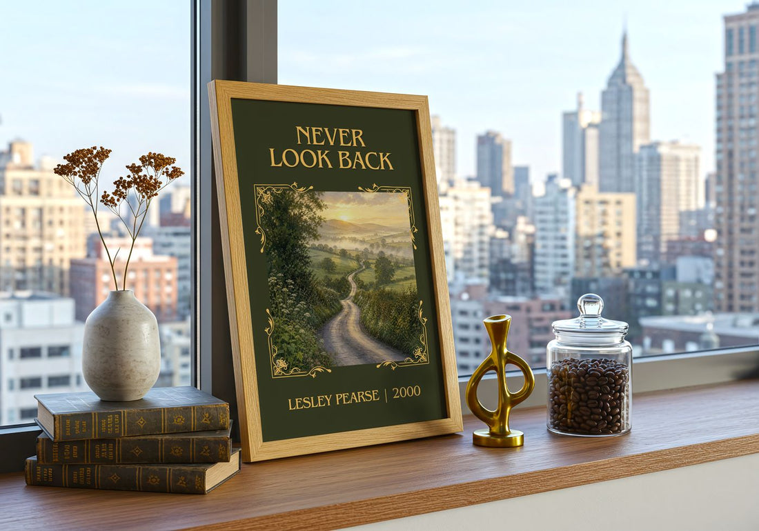 Never Look Back Classic Book Art Print by Lesley Pearse – framed print on a city-view windowsill