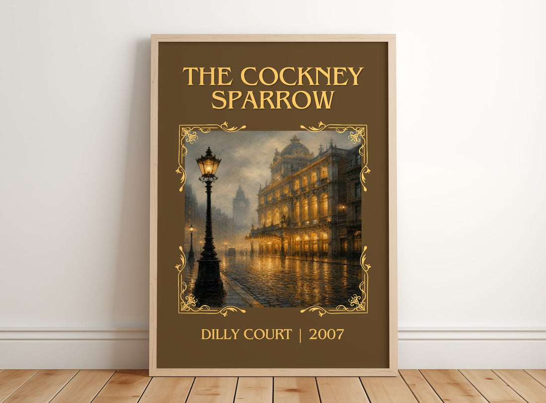 The Cockney Sparrow Classic Book Art Print by Dilly Court – framed print leaning on a wooden floor