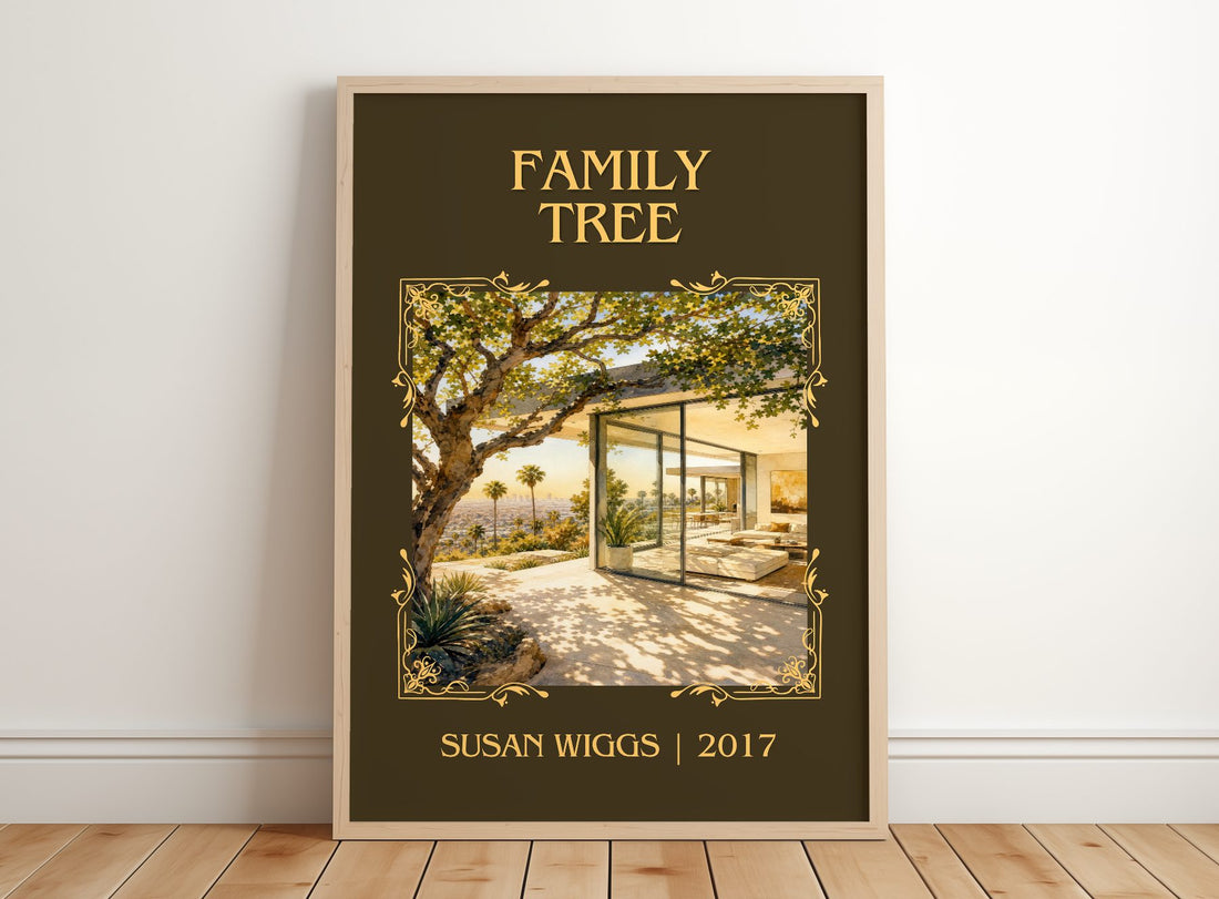 Family Tree Classic Book Art Print by Susan Wiggs – framed print leaning on a wooden floor