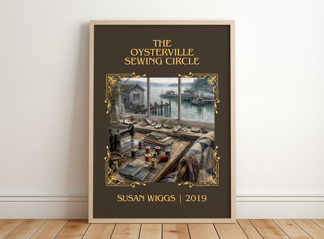 The Oysterville Sewing Circle Classic Book Art Print by Susan Wiggs – framed print leaning on a wooden floor