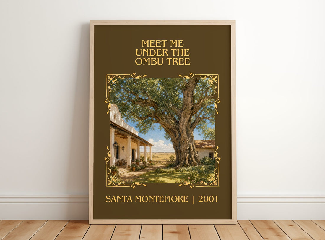 Meet Me Under the Ombu Tree Classic Book Art Print by Santa Montefiore – framed print leaning on a wooden floor