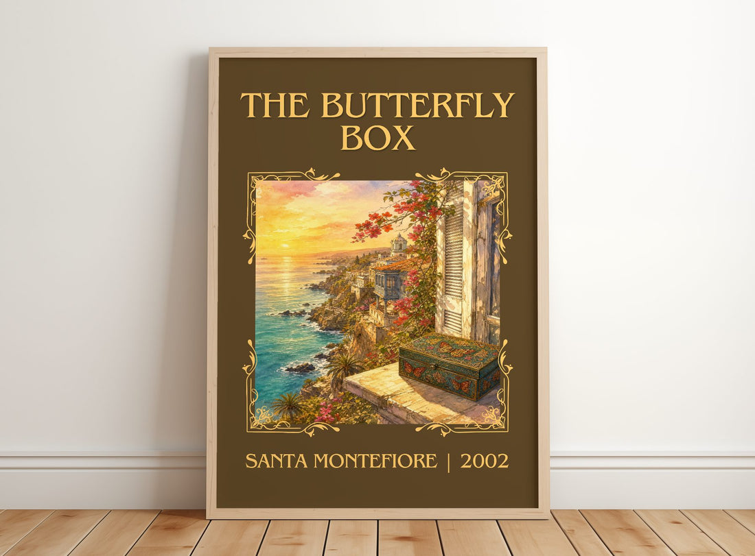 The Butterfly Box Classic Book Art Print by Santa Montefiore – framed print leaning on a wooden floor