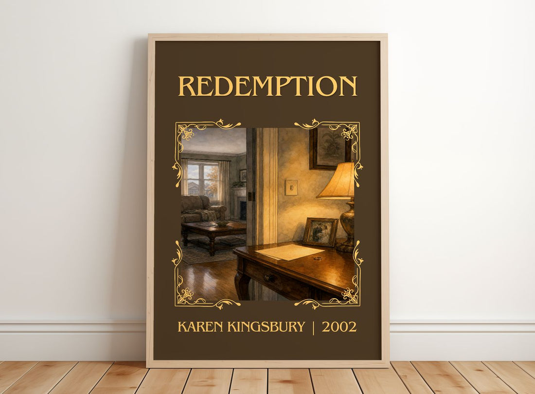 Redemption Classic Book Art Print by Karen Kingsbury – framed print leaning on a wooden floor