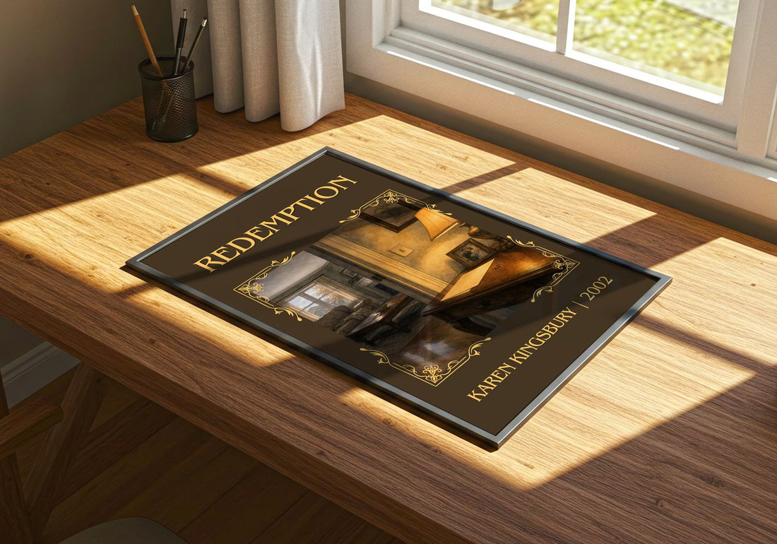 Redemption Classic Book Art Print by Karen Kingsbury – print on a sunlit desk