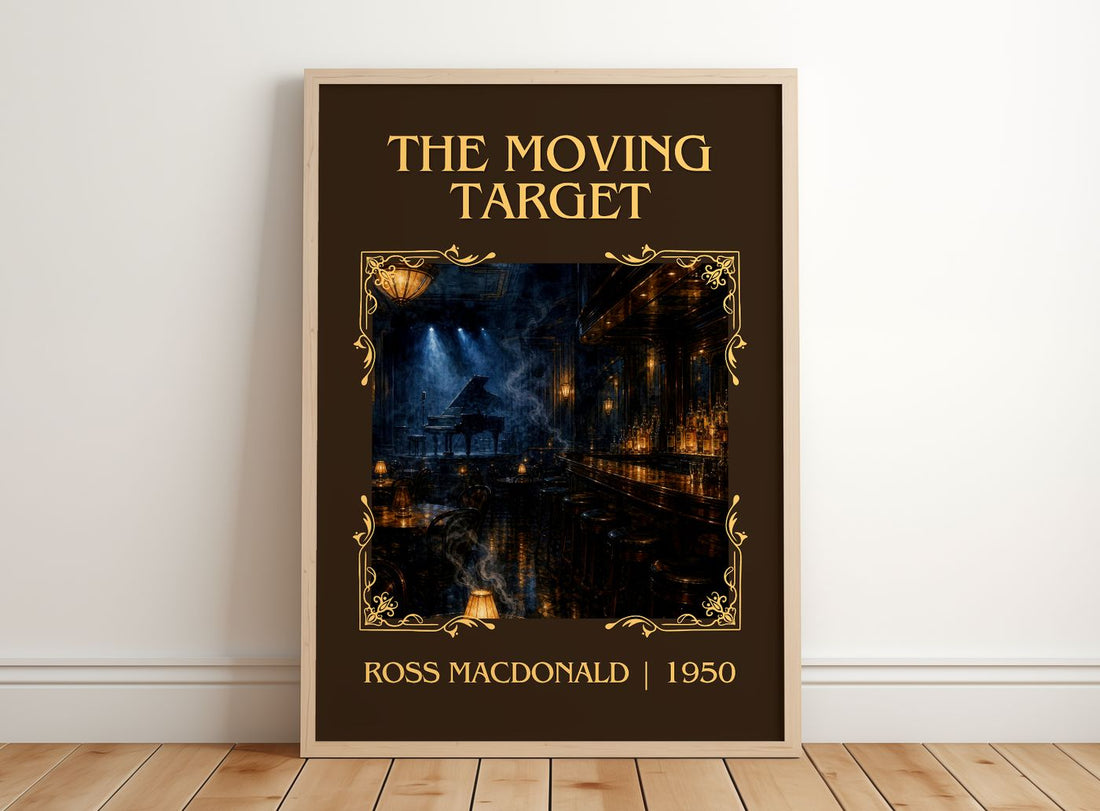 The Moving Target Classic Book Art Print by Ross Macdonald – framed print leaning on a wooden floor