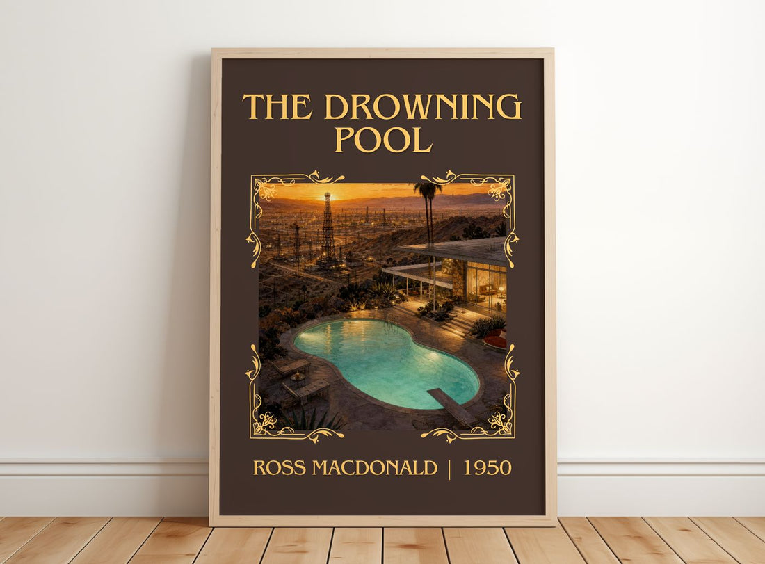 The Drowning Pool Classic Book Art Print by Ross Macdonald – framed print leaning on a wooden floor