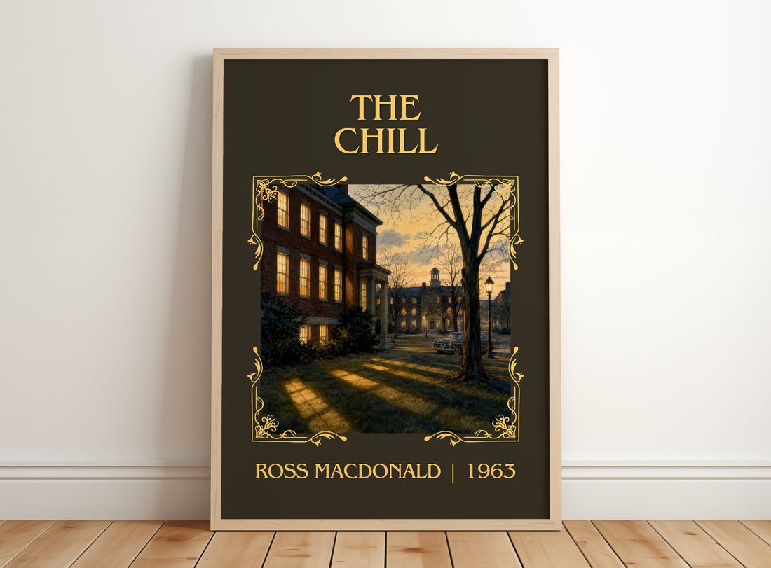 The Chill Classic Book Art Print by Ross Macdonald – framed print leaning on a wooden floor