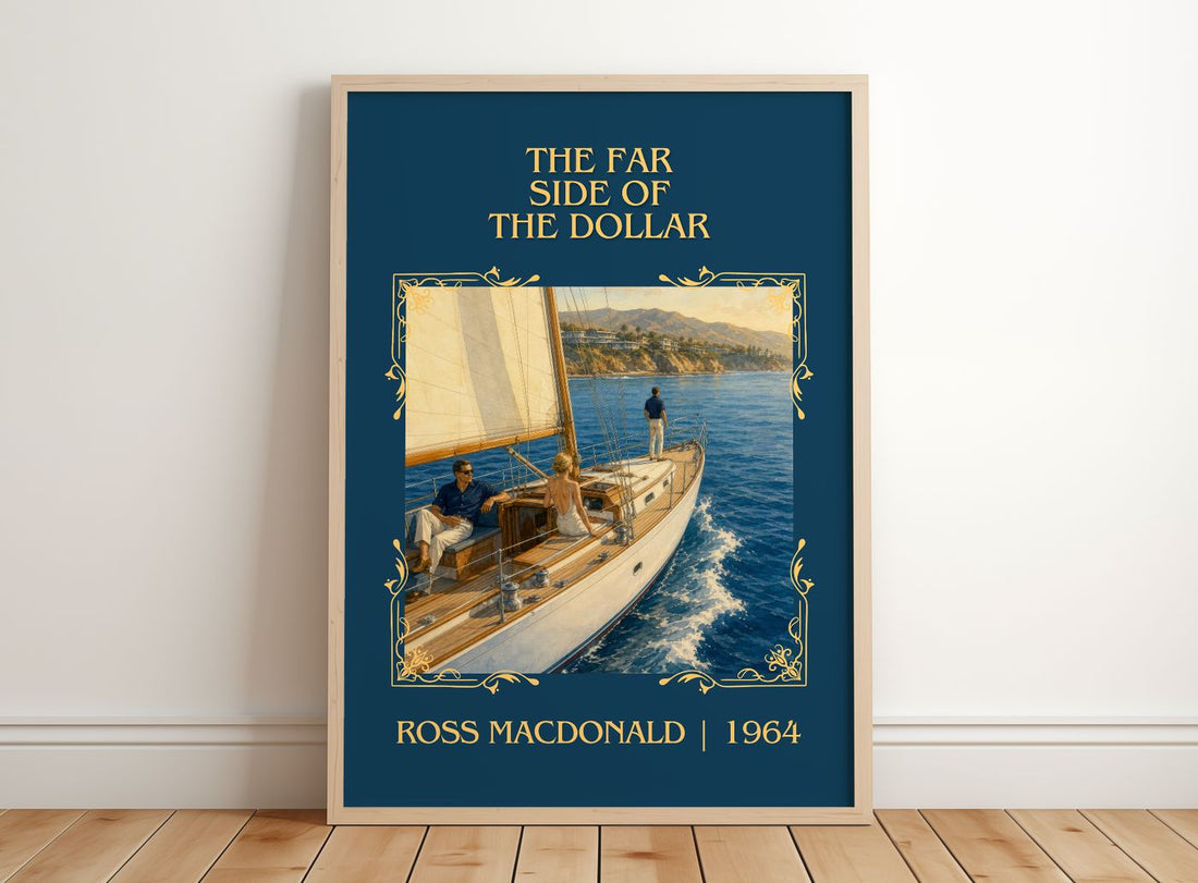 The Far Side of the Dollar Classic Book Art Print by Ross Macdonald – framed print leaning on a wooden floor