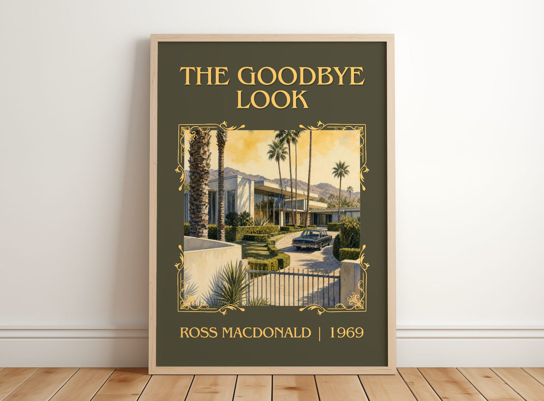The Goodbye Look Classic Book Art Print by Ross Macdonald – framed print leaning on a wooden floor