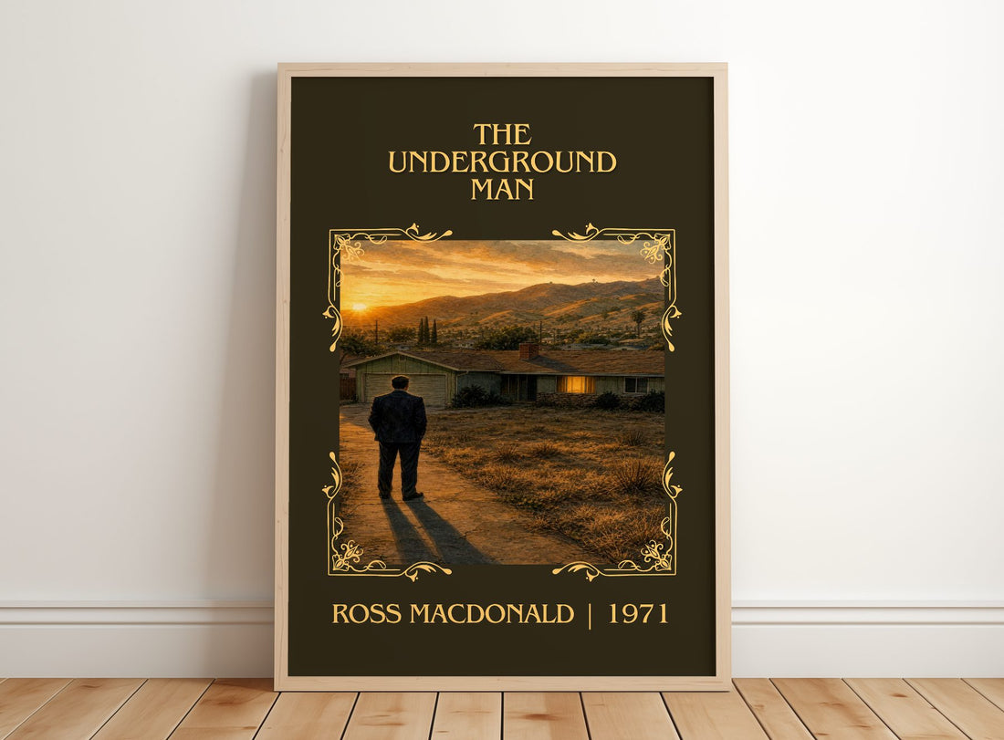 The Underground Man Classic Book Art Print by Ross Macdonald – framed print leaning on a wooden floor