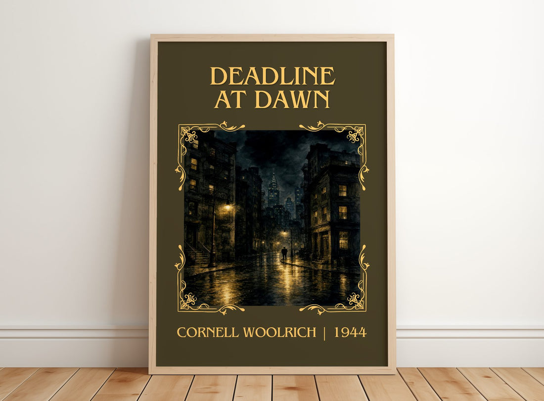 Deadline at Dawn Classic Book Art Print by Cornell Woolrich – framed print leaning on a wooden floor