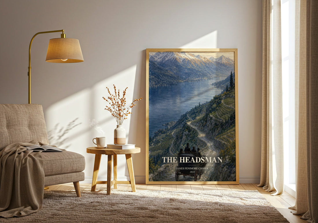 The Headsman watercolour print in frame leaning in hallway – historical fiction wall art (mockup)