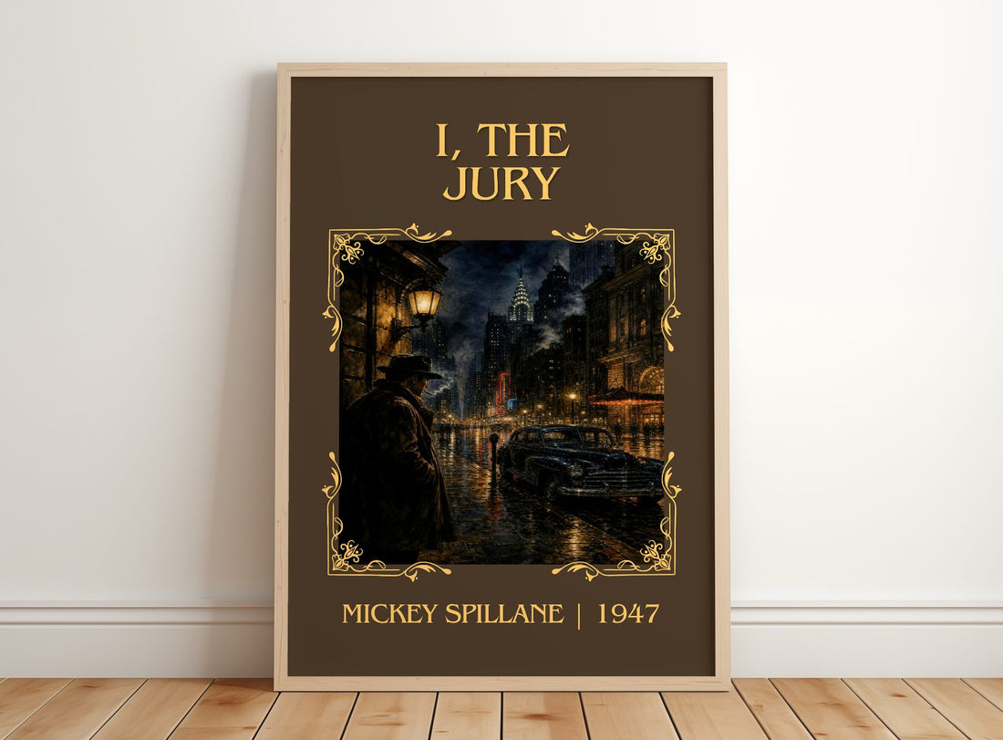 I, the Jury Classic Book Art Print by Mickey Spillane – framed print leaning on a wooden floor