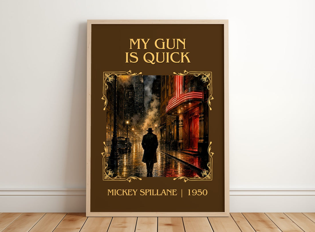 My Gun Is Quick Classic Book Art Print by Mickey Spillane – framed print leaning on a wooden floor