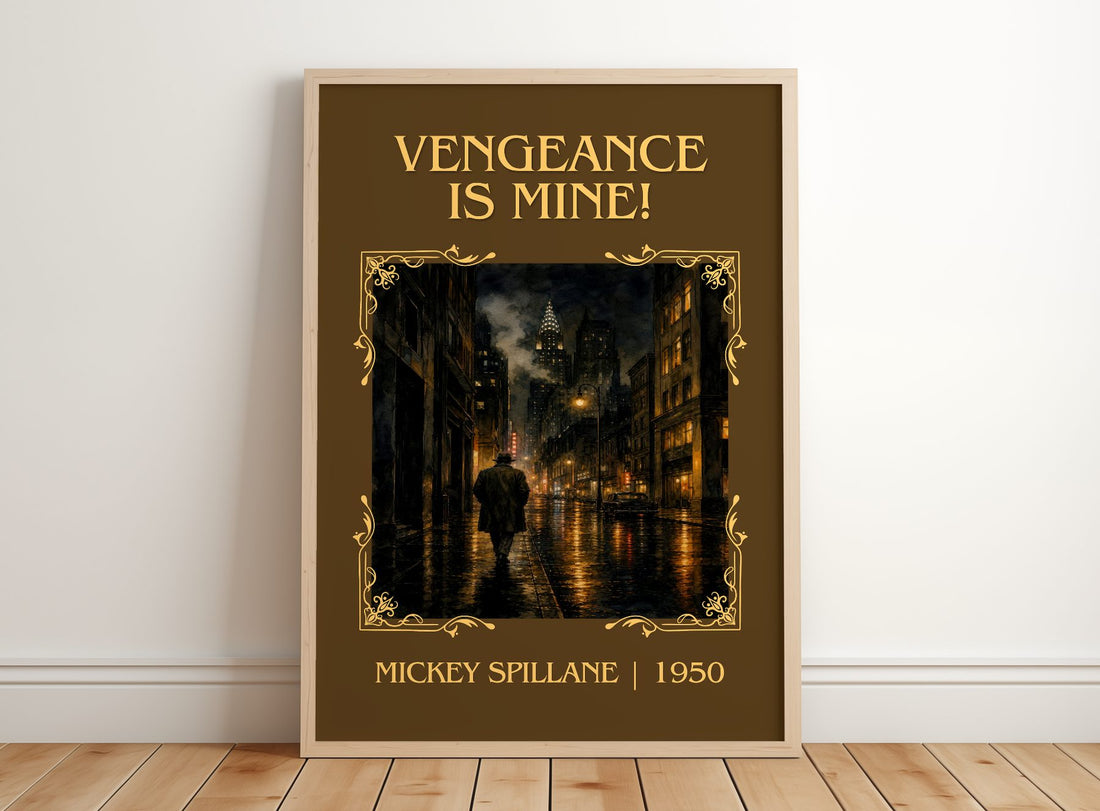 Vengeance Is Mine! Classic Book Art Print by Mickey Spillane – framed print leaning on a wooden floor