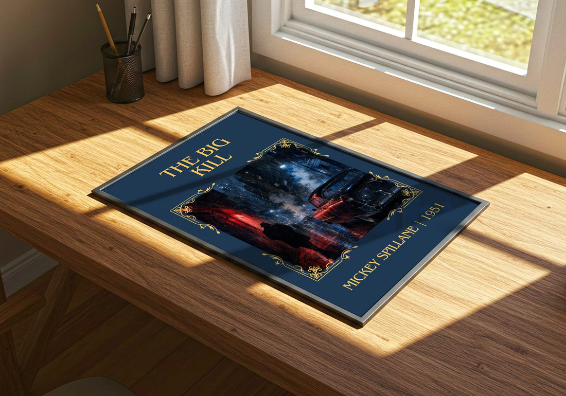 The Big Kill Classic Book Art Print by Mickey Spillane – print on a sunlit desk