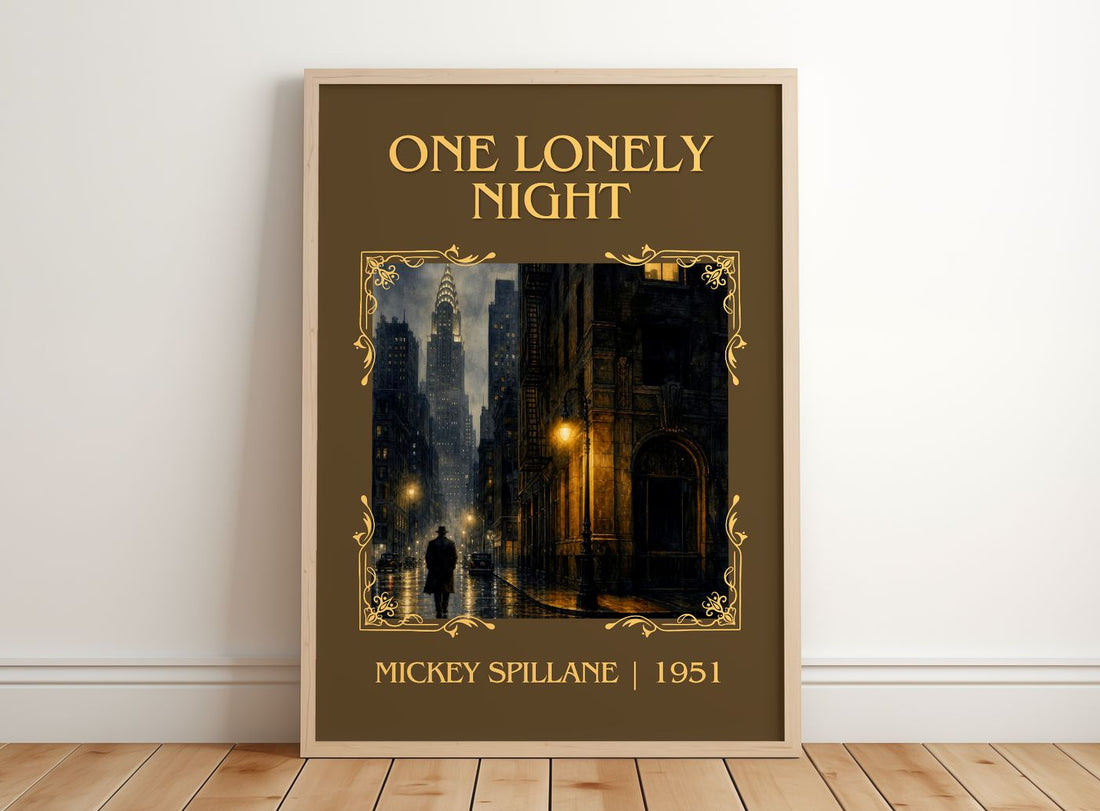 One Lonely Night Classic Book Art Print by Mickey Spillane – framed print leaning on a wooden floor