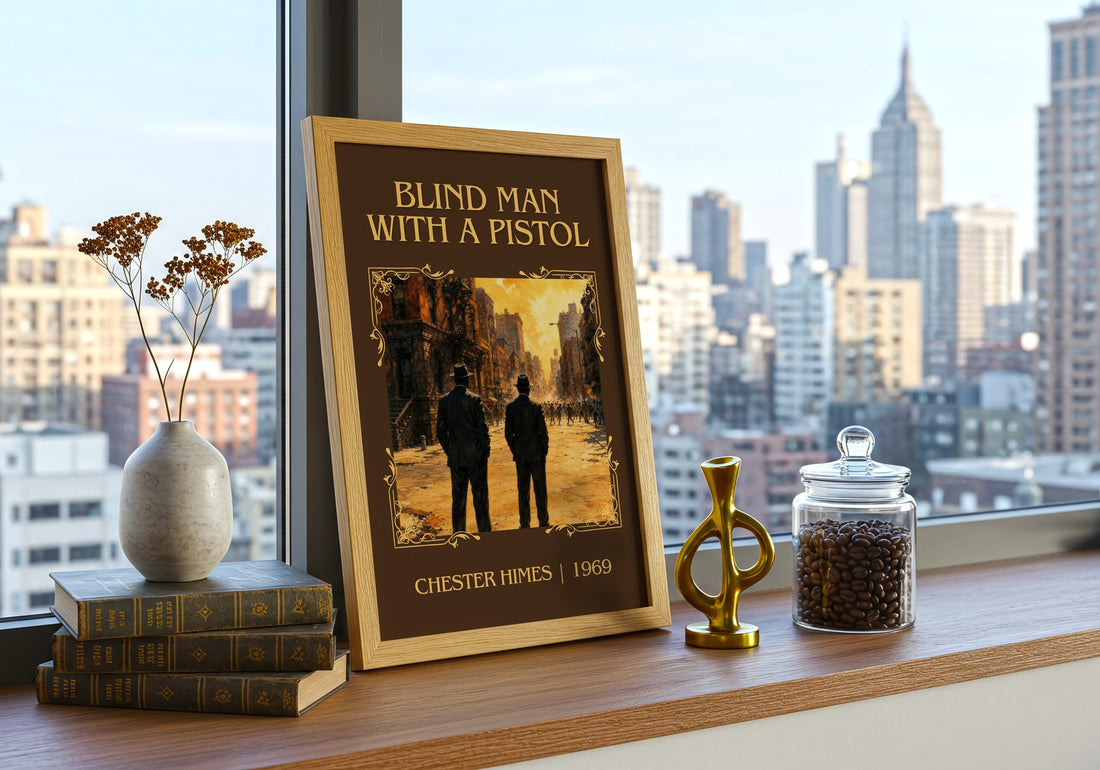 Blind Man with a Pistol Classic Book Art Print by Chester Himes – framed print on a city-view windowsill