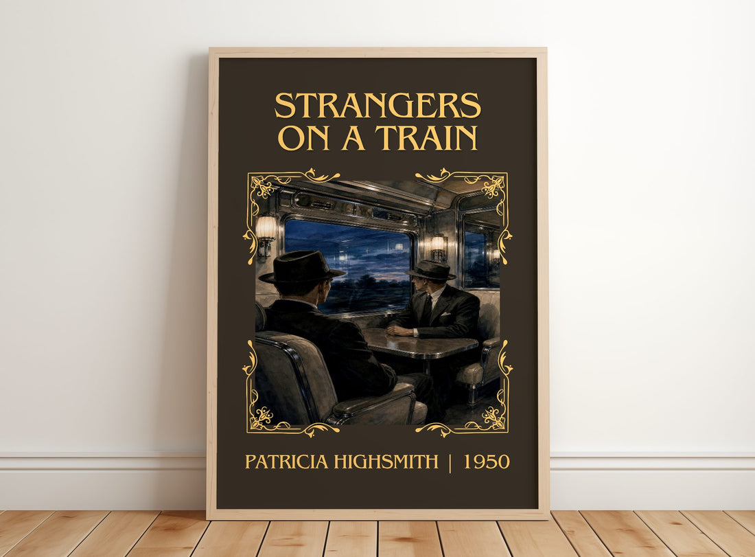 Strangers on a Train Classic Book Art Print by Patricia Highsmith – framed print leaning on a wooden floor