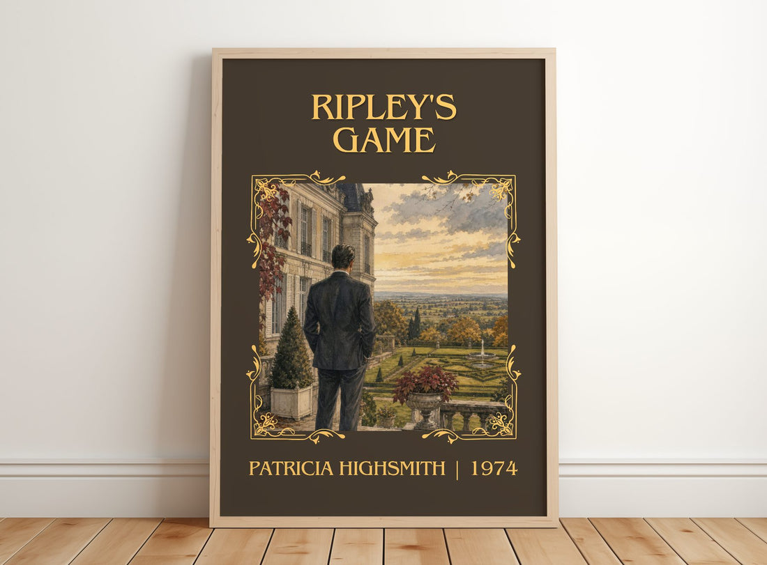 Ripley's Game Classic Book Art Print by Patricia Highsmith – framed print leaning on a wooden floor