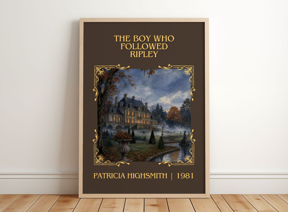 Boy Who Followed Ripley Classic Book Art Print by Patricia Highsmith – framed print leaning on a wooden floor