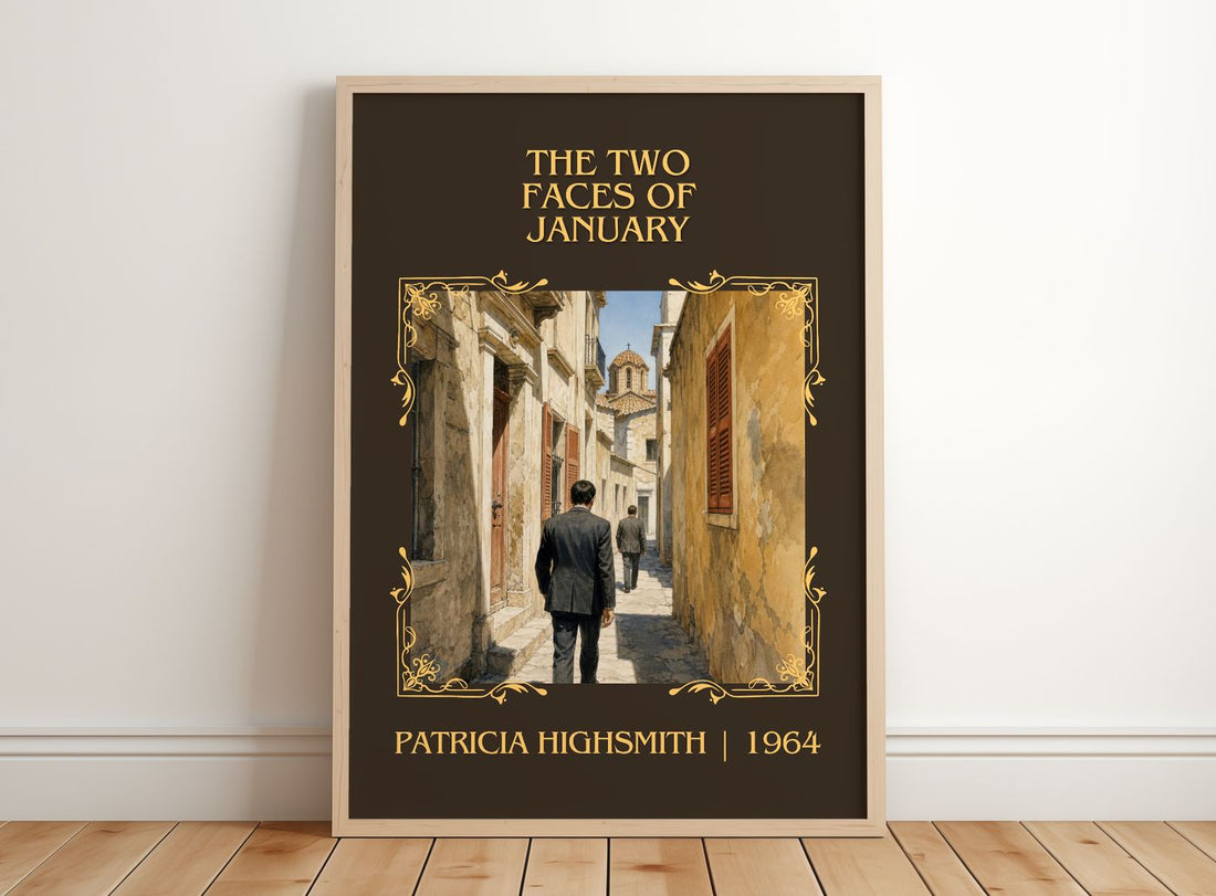 The Two Faces of January Classic Book Art Print by Patricia Highsmith – framed print leaning on a wooden floor
