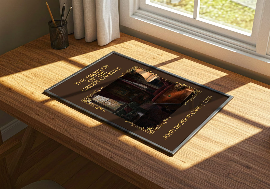 Problem of the Green Capsule Classic Book Art Print by J. Carr – print on a sunlit desk