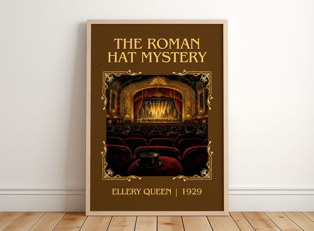 The Roman Hat Mystery Classic Book Art Print by Ellery Queen – framed print leaning on a wooden floor