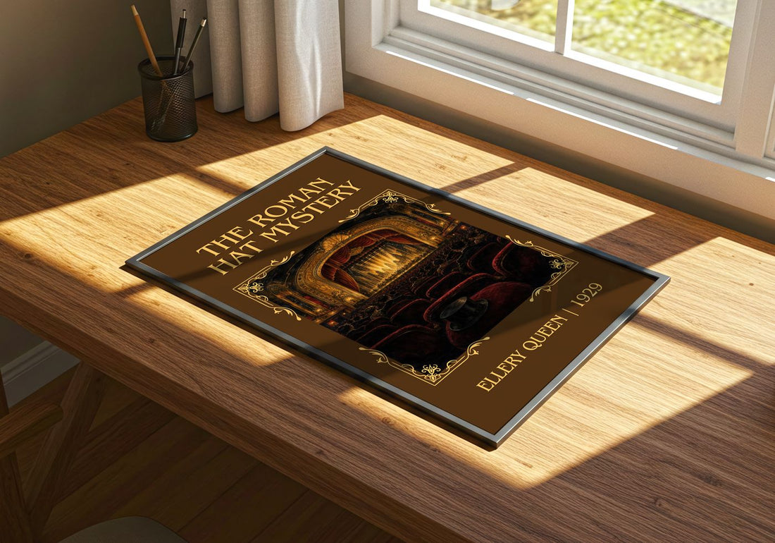 The Roman Hat Mystery Classic Book Art Print by Ellery Queen – print on a sunlit desk