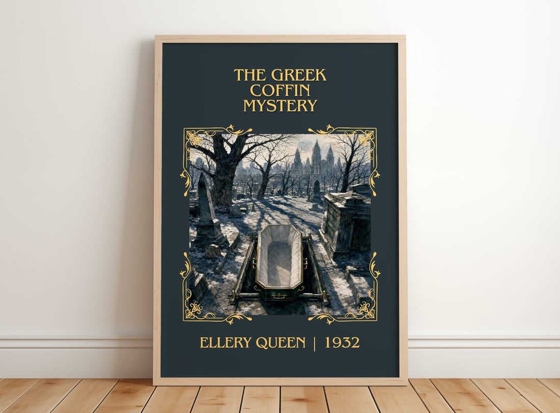 The Greek Coffin Mystery Classic Book Art Print by Ellery Queen – framed print leaning on a wooden floor