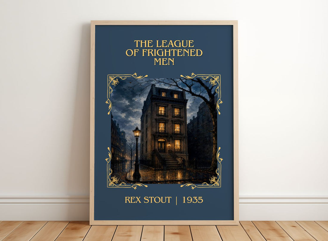The League of Frightened Men Classic Book Art Print by Rex Stout – framed print leaning on a wooden floor