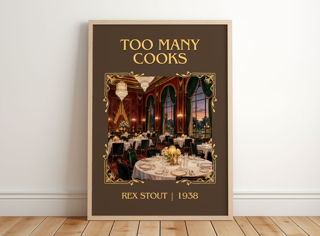 Too Many Cooks Classic Book Art Print by Rex Stout – framed print leaning on a wooden floor