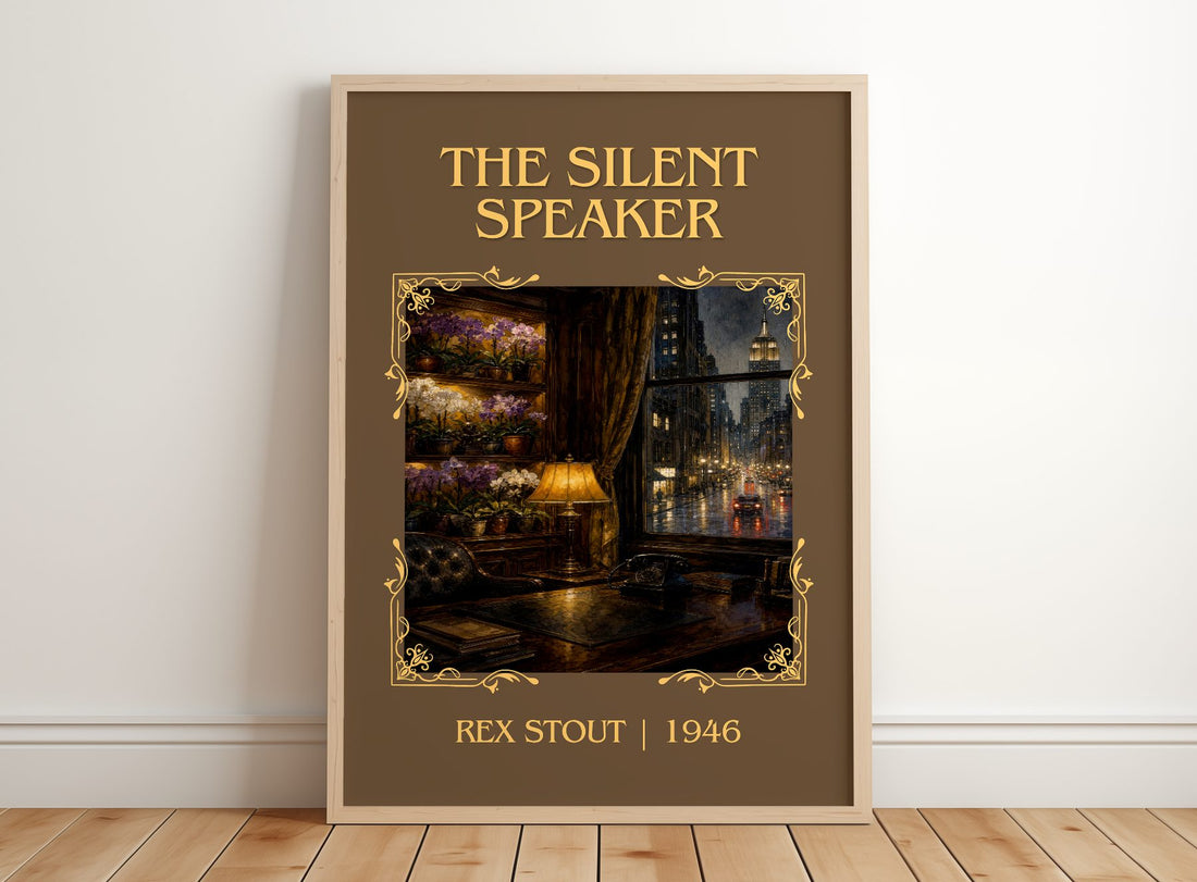 The Silent Speaker Classic Book Art Print by Rex Stout – framed print leaning on a wooden floor
