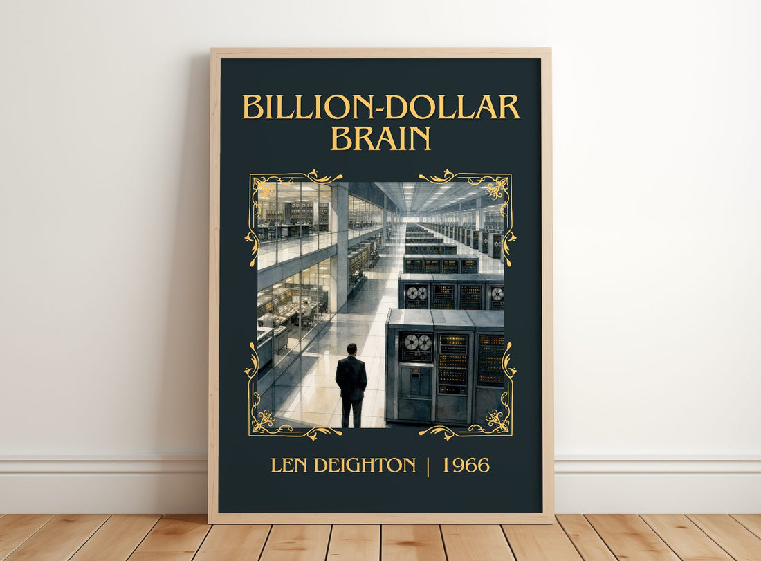 Billion-Dollar Brain Classic Book Art Print by Len Deighton – framed print leaning on a wooden floor