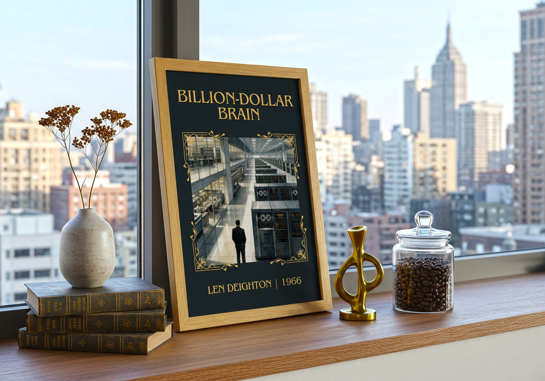 Billion-Dollar Brain Classic Book Art Print by Len Deighton – framed print on a city-view windowsill