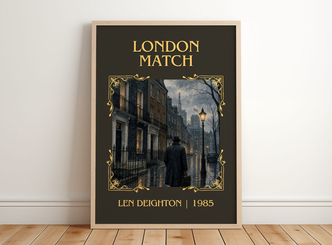 London Match Classic Book Art Print by Len Deighton – framed print leaning on a wooden floor