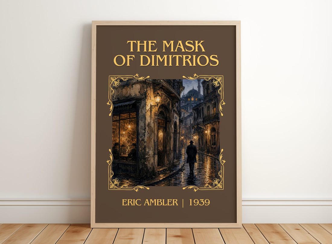 The Mask of Dimitrios Classic Book Art Print by Eric Ambler – framed print leaning on a wooden floor