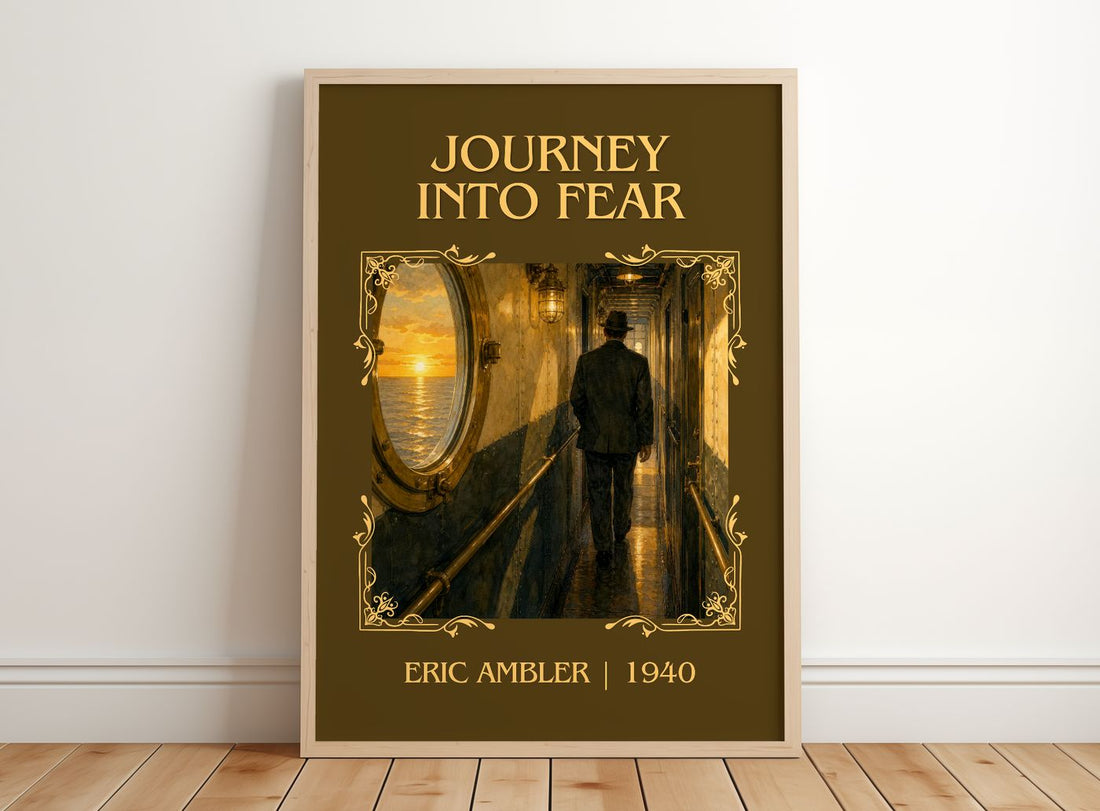 Journey into Fear Classic Book Art Print by Eric Ambler – framed print leaning on a wooden floor