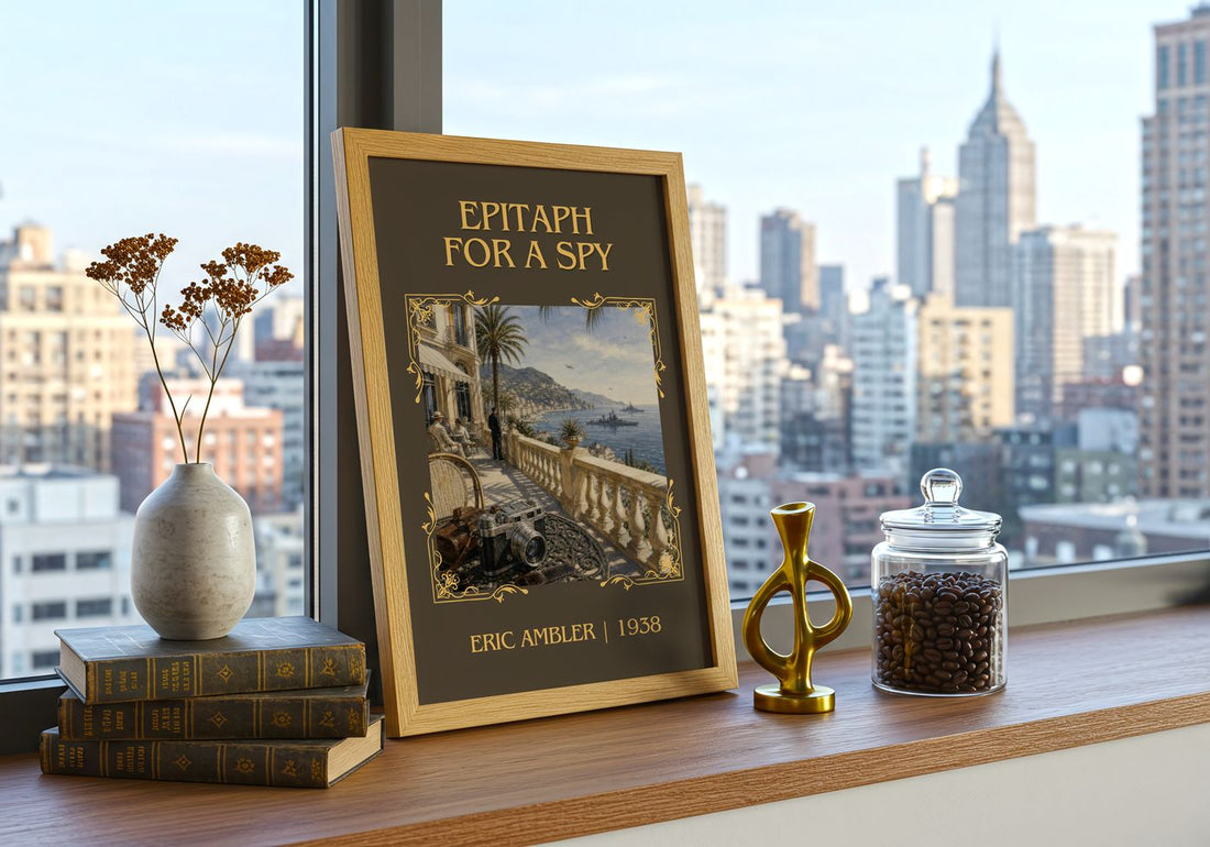 Epitaph for a Spy Classic Book Art Print by Eric Ambler – framed print on a city-view windowsill