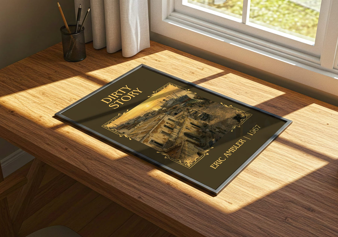 Dirty Story Classic Book Art Print by Eric Ambler – print on a sunlit desk