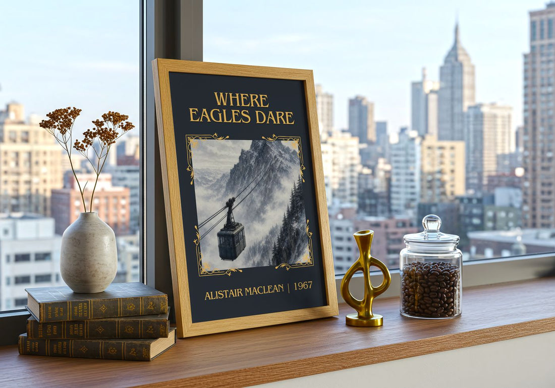 Where Eagles Dare Classic Book Art Print by Alistair MacLean – framed print on a city-view windowsill