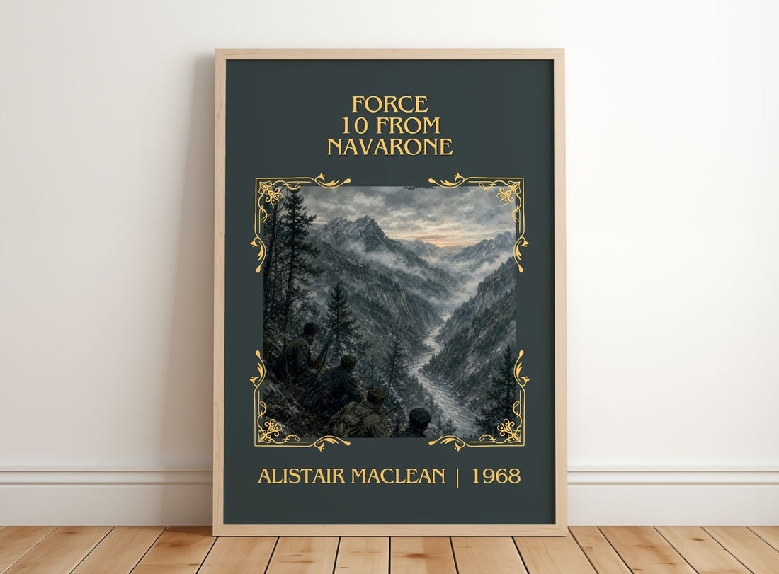 Force 10 from Navarone Classic Book Art Print by Alistair MacLean – framed print leaning on a wooden floor