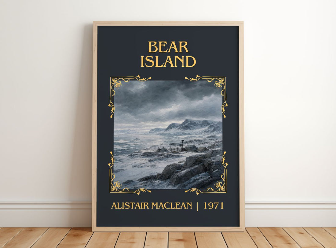 Bear Island Classic Book Art Print by Alistair MacLean – framed print leaning on a wooden floor