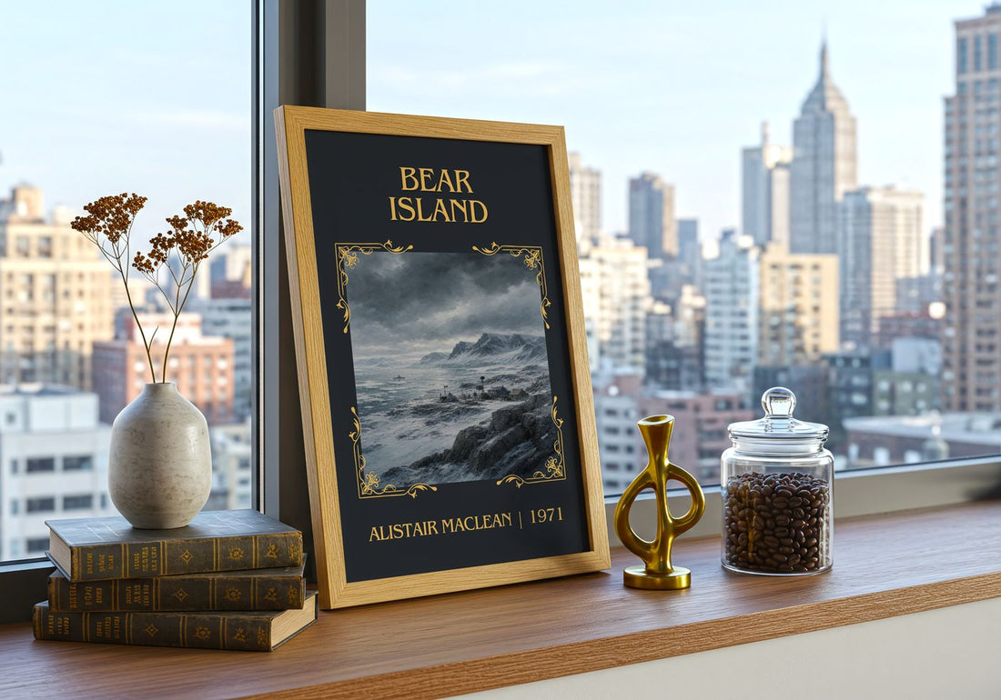 Bear Island Classic Book Art Print by Alistair MacLean – framed print on a city-view windowsill