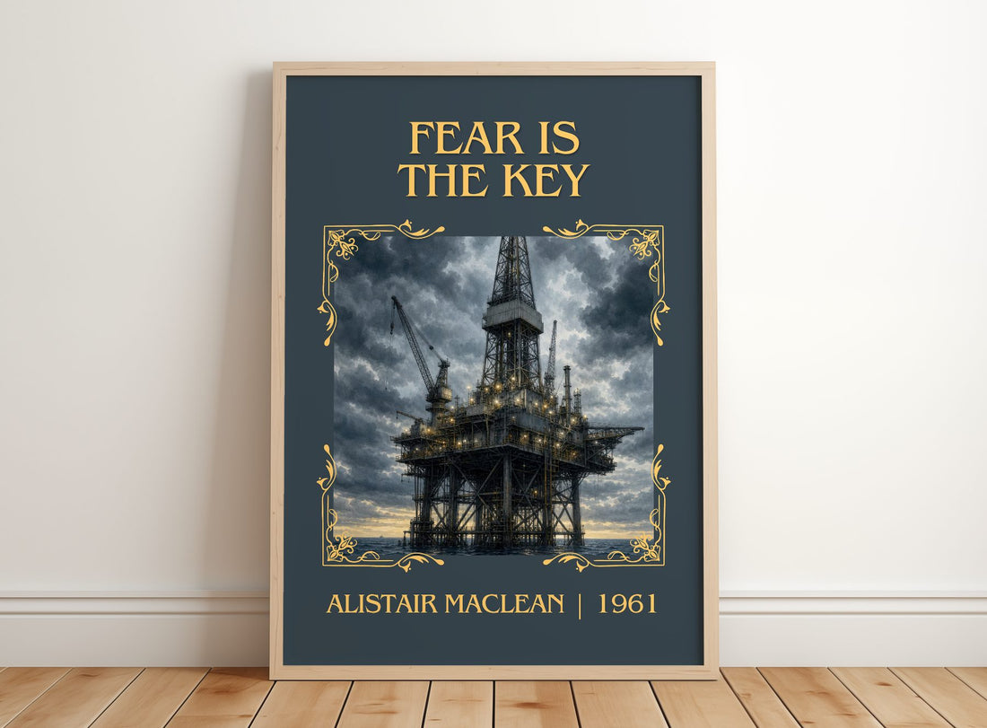 Fear Is the Key Classic Book Art Print by Alistair MacLean – framed print leaning on a wooden floor