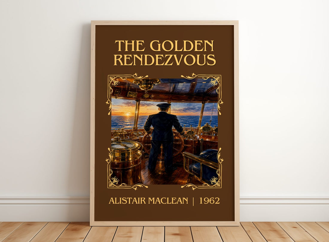 The Golden Rendezvous Classic Book Art Print by Alistair MacLean – framed print leaning on a wooden floor